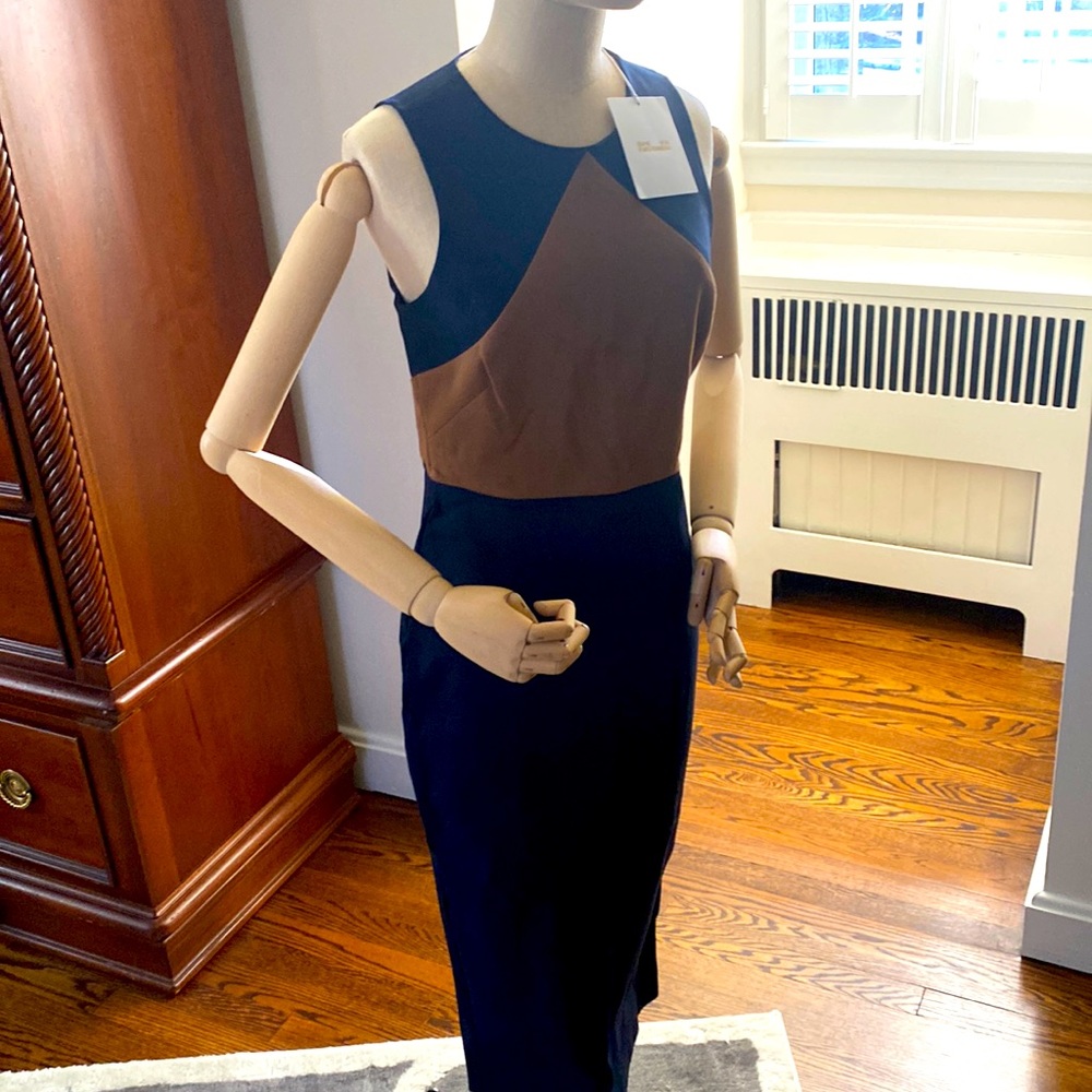 NWT - Diane Von Furstenburg navy/ brown color block sleeveless stretch dress (4)